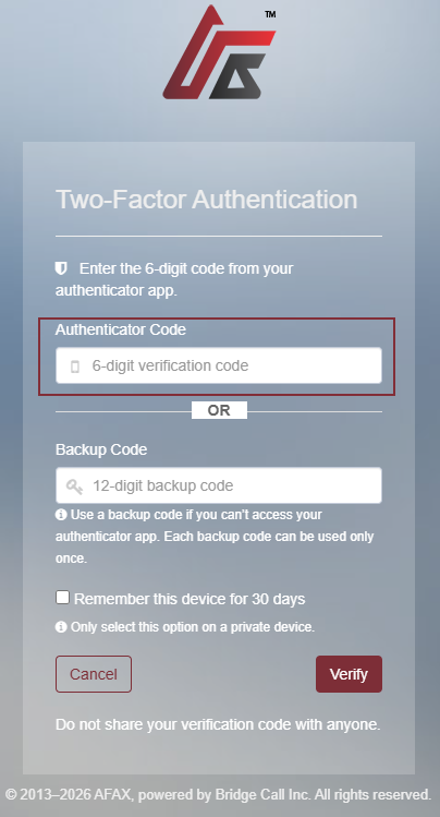 AFAX - Sign in verification using Authenticator App